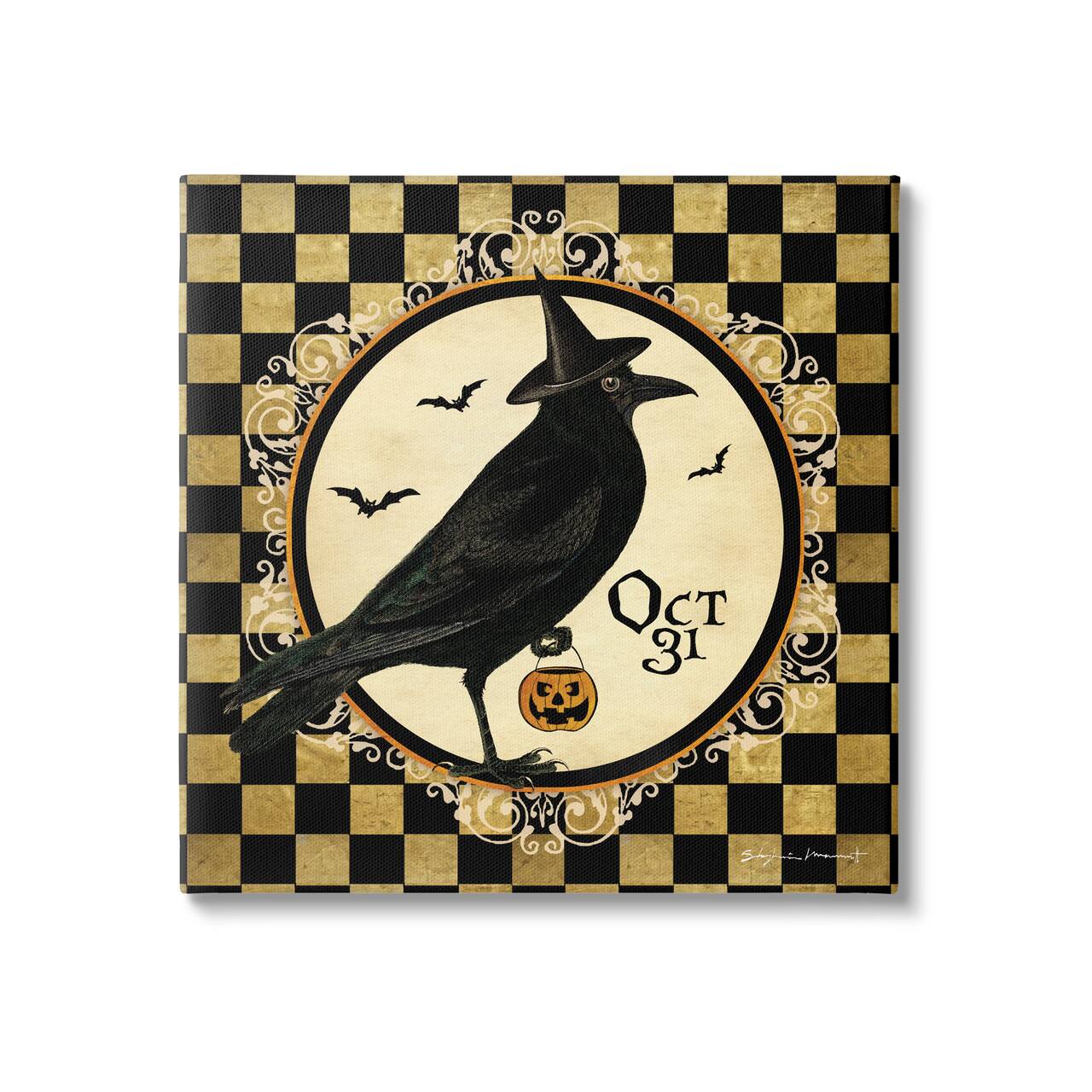 Stupell Industries Oct 31 Checkered Halloween Crow Canvas Wall Art